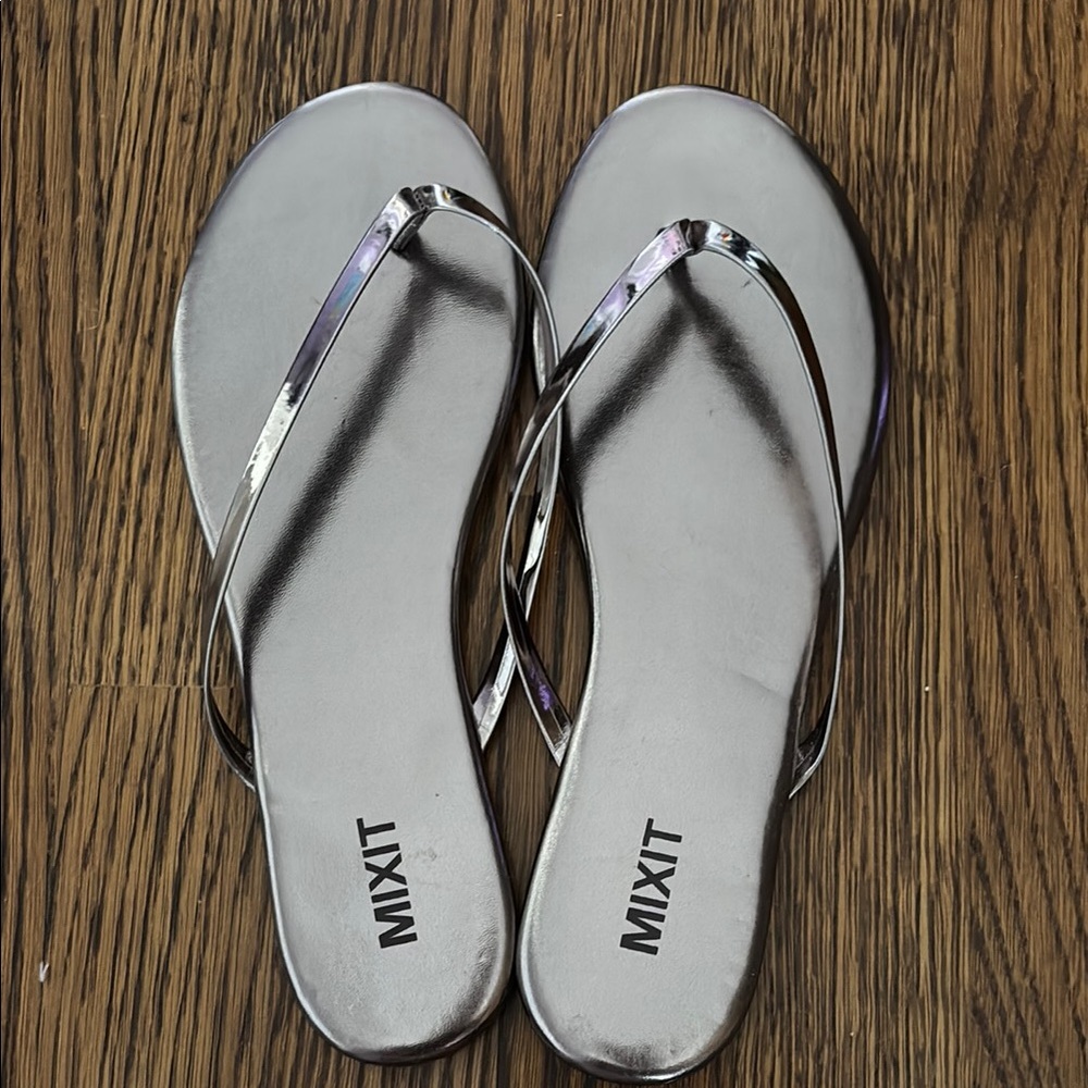 Mixit Silver Sandals with Metallic Straps and Classic Thong Design